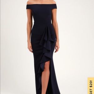 Navy Blue Ruffled Off-the-Shoulder Maxi Dress